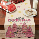 Croar Merry Christmas Tree Pink Dining Table Runner, Xmas Pine Trees Gold Snowflake Burlap Kitchen Decoration, Winter Holiday Indoor Outdoor Home Decor Party Supply 13 x 72 Inches, Pack Of 2