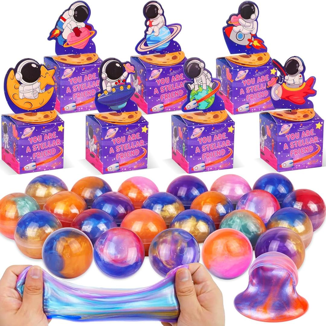 28 Pack Valentines Day Gifts for Kids Classroom Galaxy Slime with Valentines Day Cards Space Gift Boxes, Valentine for Kids Classroom Class Exchange Gifts Prizes School Favors Favors for Boys Girls