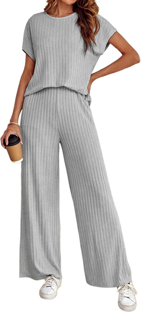 Women's Casual Two Piece Set Crewneck Short Sleeve Ribbed Knit Tops Wide Leg Lounge Outfits (Gray, S)