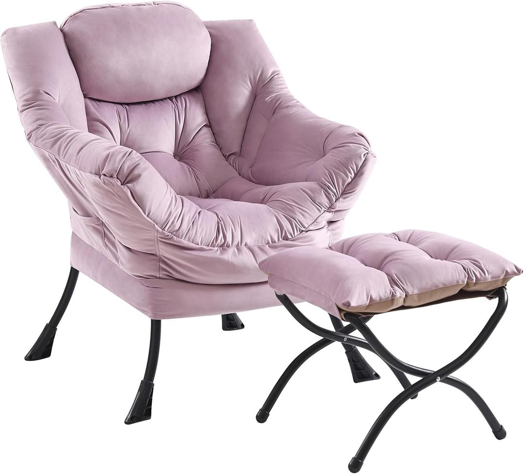 Lazy Chair and Ottoman, Large Accent Lounge Chair with Armrests and a Side Pocket, Modern Leisure Upholstered Sofa Reading Armchair with Footrest for Bedroom, Living Room, Dorm Rooms, Office (Light Purple)