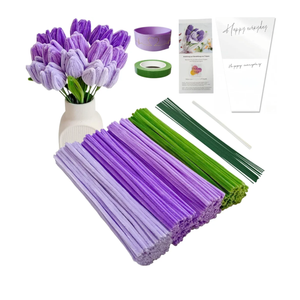 Pack Of 2 YYUENGTAK Violet Tulip Bouquet Pipe Cleaners For Crafts, Pipe Cleaner Flowers Set, 200 Pieces Pipe Cleaners For Crafts Set With 4 cColors, Instruction, Floral Wire, Florist's Tape,Wrapping Paper, Ribbon