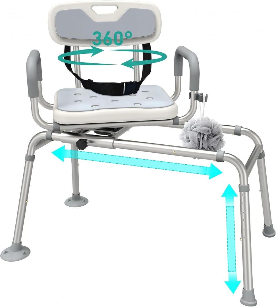 UNILEAF Sliding Tub Transfer Bench with 360 Swivel Seat, 350 lb Capacity Shower Transfer Chair for Bathtub, Height Adjustable Frame with Safety Strap, ToolFree Assembly