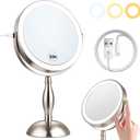 20x Magnifying Mirror with Light, Lighted Makeup Mirror with 3 Color Modes and Adjustable Brightness, Side Charging Port & SideTouch Sensor, 360 Rotation Double Sided Standing Mirror-Brushed Nickel