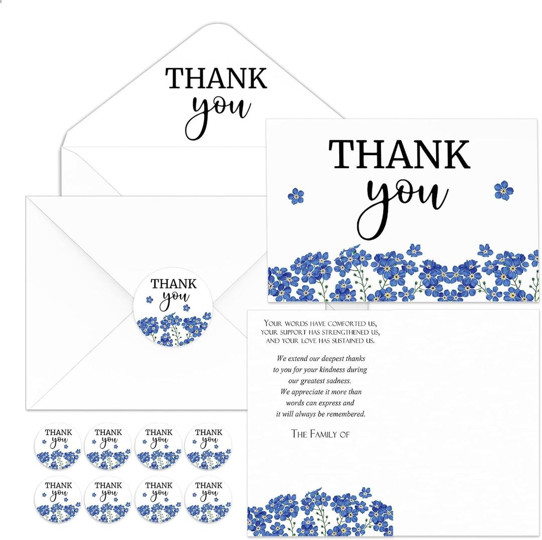Fumete 50 Set Funeral Thank You Cards with Envelopes and Stickers Thank You Sympathy Cards with Meaningful Message Bereavement for Funeral Family Loved Ones Celebration of Life(Forget Me Not)