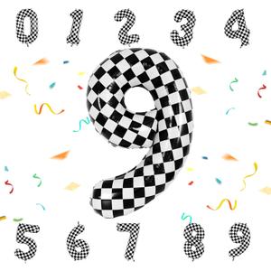 5 x 40 Inch Checkered Number Balloon - Race Flag Pattern Big Helium Balloon for Birthday Party Decorations - Black & White Balloon for Kids Adults Party Supplies (Racing Car, Number 9)