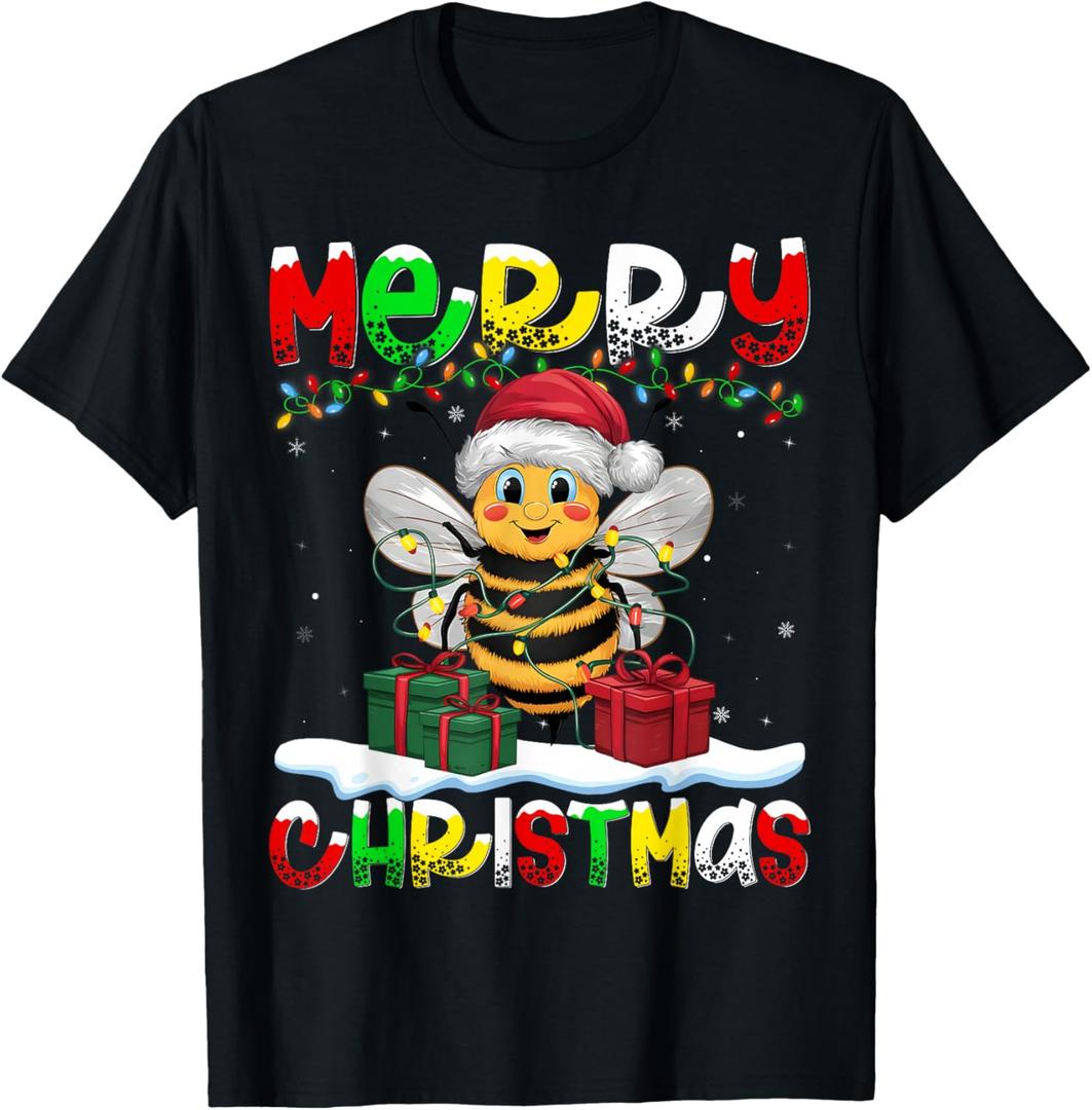 Xmas Lighting Santa Hat Bee Merry Christmas T-Shirt