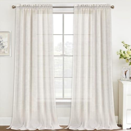FantasDecor Linen Sheer Curtains 108 Inch Light Filtering Privacy Panels for Patio Sliding Glass Door Office Large Window Rod Pocket Window Treatment Drapes Farmhouse Boho Decor, W52 x L108, Natural