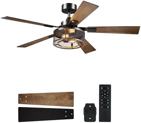 VONLUCE Ceiling Fans with Lights, 52 Inch Ceiling Fan and Remote, 6-Speeds Noiseless Reversible DC Motor, Cage Ceiling Fan for Bedroom Living Room Farmhouse, Walnut