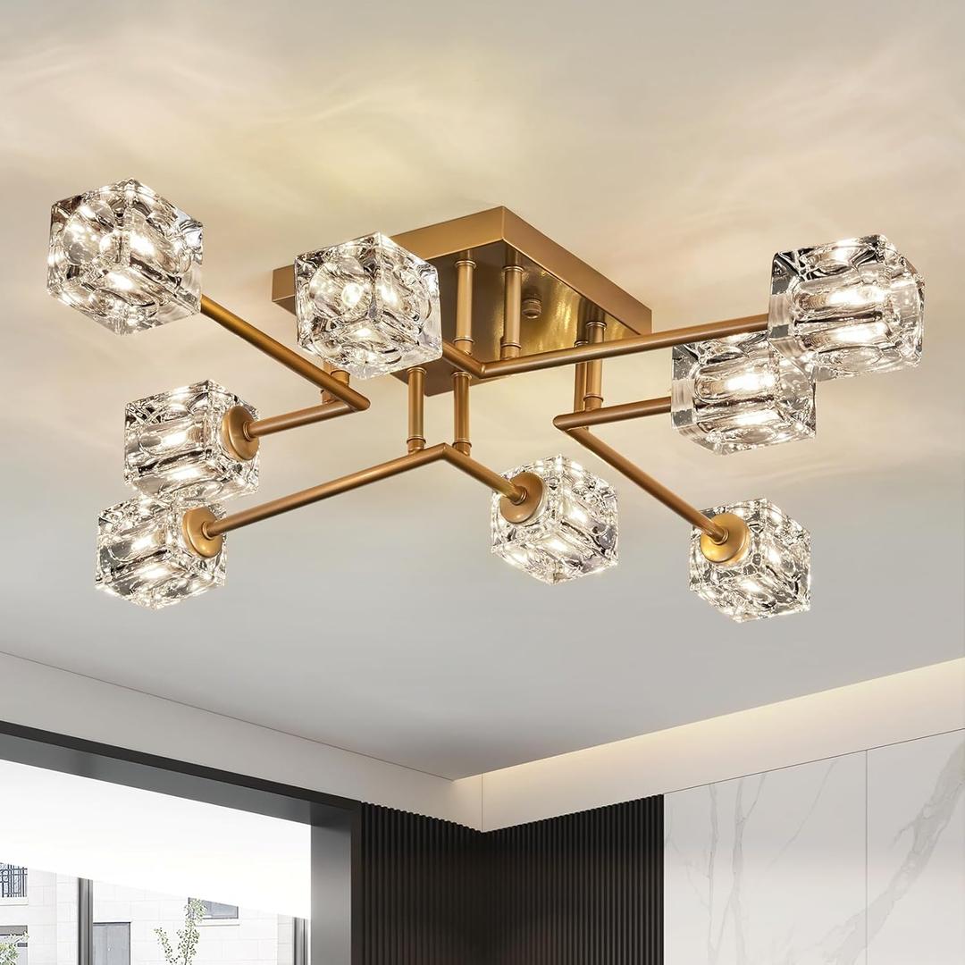 Vintage Gold Semi Flush Mount Ceiling Light 8-Light Glass Sputnik Chandeliers Mid Century Modern Crystal Ceiling Light Fixture for Living Room Dining Room Bedroom Kitchen Foyer