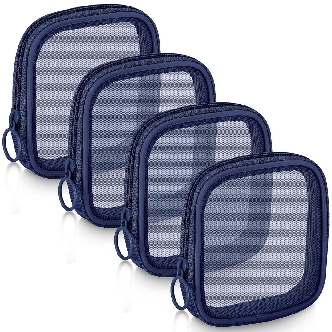 Weewooday 4 Pcs Mesh Makeup Bag Mesh Cosmetic Bag Travel Toiletry Pouch with Zipper Mini Makeup Cosmetic Purse for Daily Accessory(Small,Navy Blue)
