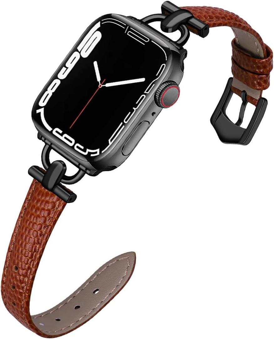 D-Shape Metal Buckle Compatible with Apple Watch Band 49mm 45mm 44mm 42mm Leather Strap Replacement Strap for iWatch Series Ultra 2/Ultra 9/8/7/6/5/4/3/2/1/SE/SE2 (Brown-Black)