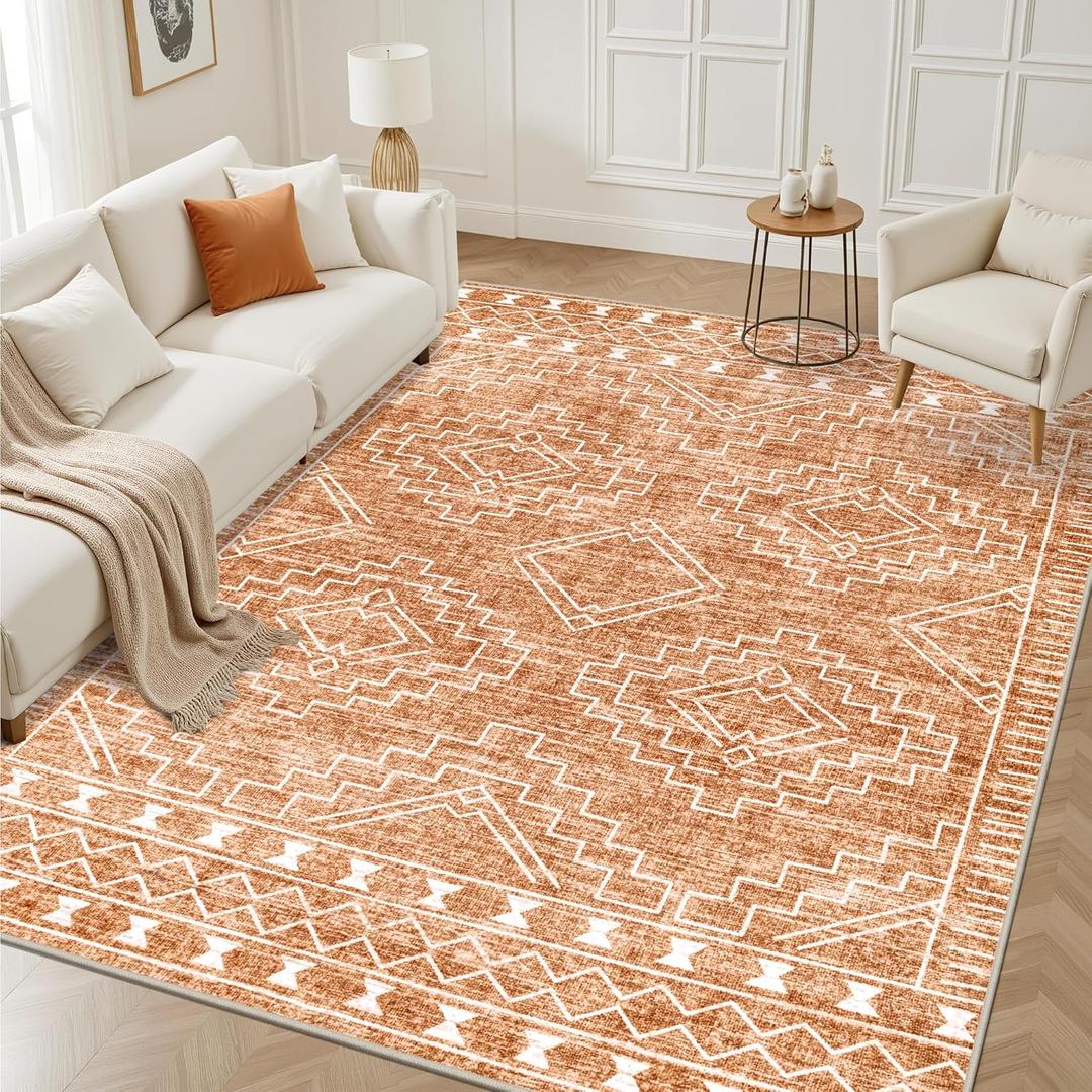 9x12 Area Rugs Living Room Rug: Washable Rug Neutral Lagre Soft Thin Carpet Indoor Floor Non Slip Boho Geometric Moroccan Carpets for Bedroom Dining Room Farmhouse Nursery Office - Dark Brown