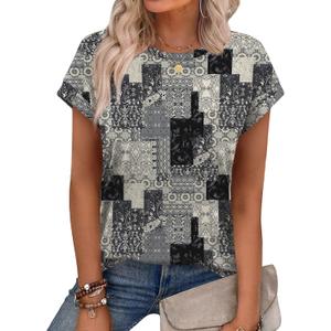 Alaroo Womens Summer Tops Short Sleeve Shirts Crew Neck Cute Trendy Tunic Blouses (L) (Large, Print 56)