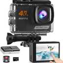 Yolansin 4K60FPS Action Camera Touchscreen, 40M Waterproof Underwater Camera with 64G SD Card, 6-Axis Stabilization Motorcycle Camera 8X Zoom with 2.4G Remote Control 2 * 1350 mAh Batteries