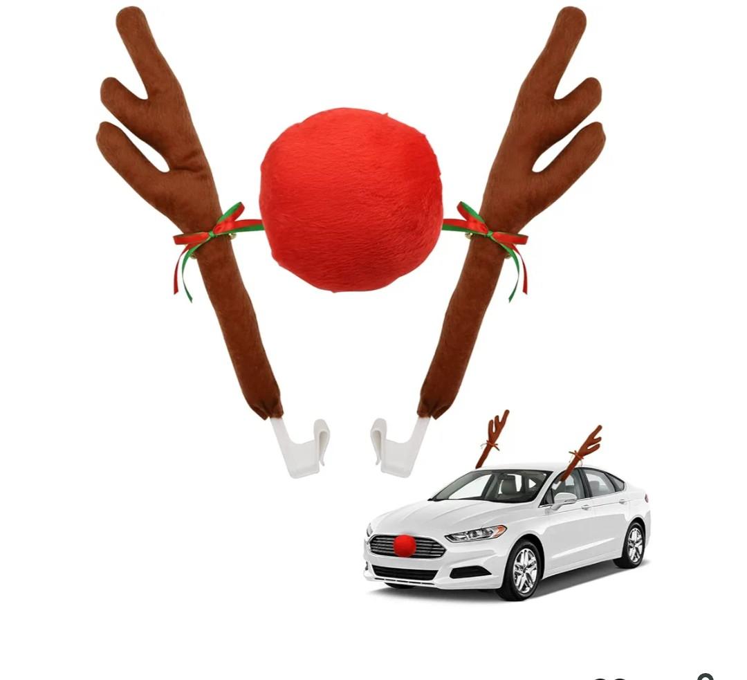 Abnaok Car Reindeer Antler Kit and Nose, Reindeer Christmas Decoration for Car Window Roof-Top & Front Grille,Christmas Reindeer Antlers Auto Decoration Set for Car SUV Van Truck