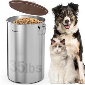 35 Lbs Stainless Steel Dog Food Storage Container with Airtight Wooden Lid & Ceramic Bone Handle, Large Metal Dog Food Bin, Pet Treat Jars for Dogs & Cats, Keep Fresh, Easy to Clean