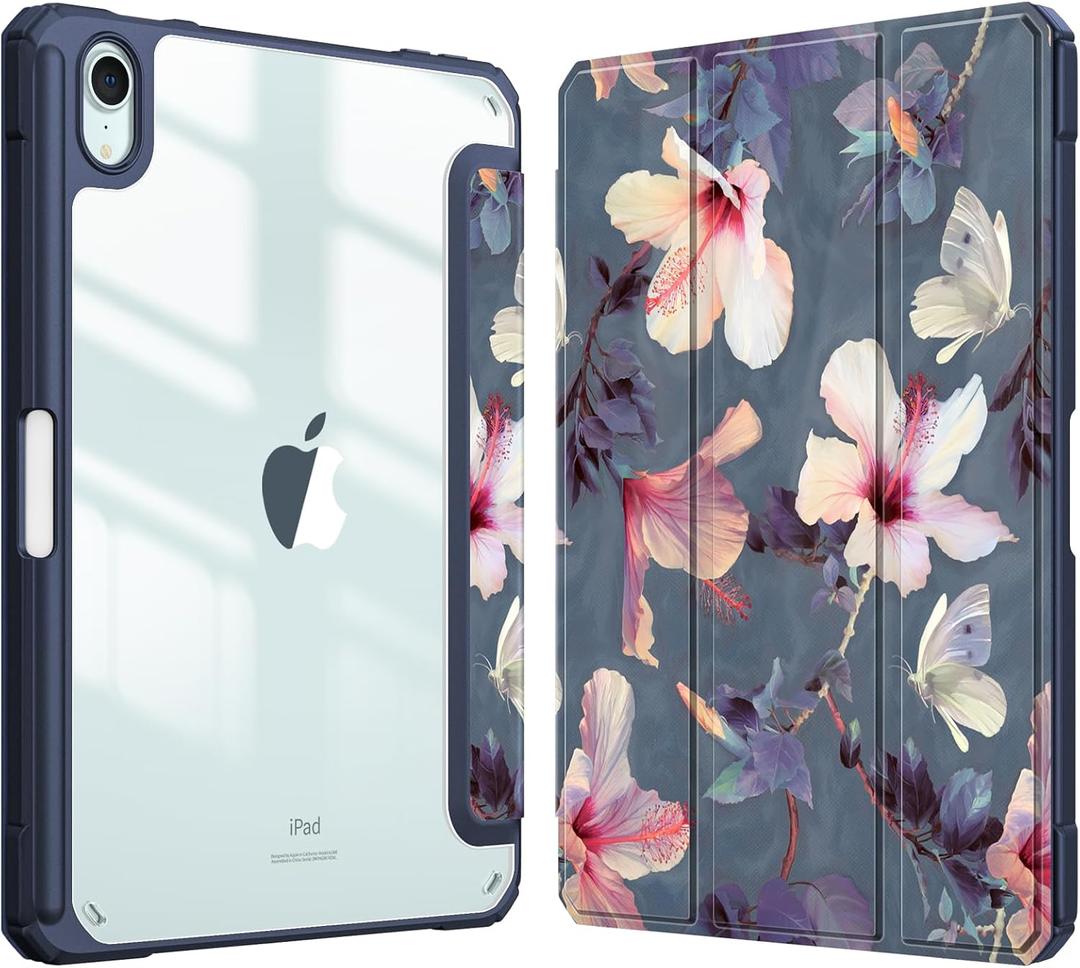 Fintie Hybrid Slim Case for iPad Mini 7 (A17 Pro, 7th Generation) 2024 / iPad Mini 6 (6th Gen) 8.3 Inch, [Built-in Pencil Holder] Shockproof Cover Clear Transparent Back Shell, Hibiscus