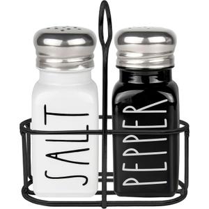 Salt and Pepper Shakers Set with Holder by Brighter Barns - Cute Modern Farmhouse Kitchen Decor, Table Decor - Vintage Glass Black White Shaker Set with Caddy and Stainless Steel Lids (Black/White)