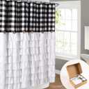 Farmhouse Ruffle Shower Curtain with Handmade Vintage Buttons, Country Buffalo Plaid Fabric Black and White Shower Curtains for Master Bathroom, Bathroom Decor Shower Curtain with 12 Holes,72" x 72"