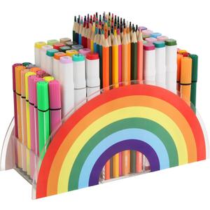 Acrylic Pen Pencil Holder Clear Desk Organizer, Rainbow Home Office Desk Pen Storage Stand, Corner Desktop Stationery Organizer for Women Kids Students School Art Supplies