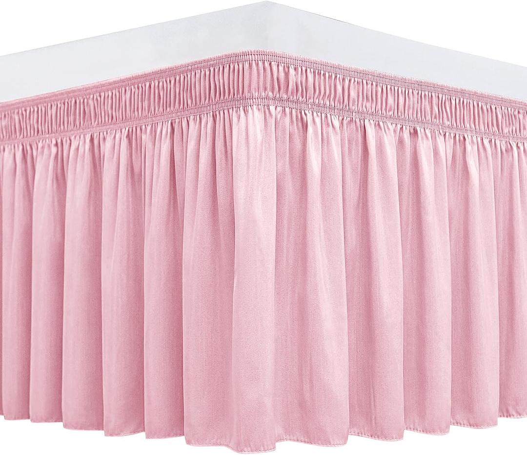 Biscaynebay Wrap Around Bed Skirts for Queen Beds 15" Drop, Pink Adjustable Elastic Dust Ruffles Easy Fit Wrinkle & Fade Resistant Silky Luxurious Fabric Machine Washable