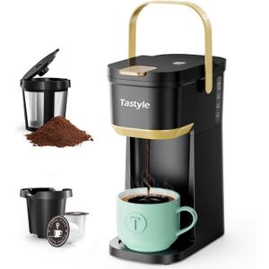 Single Serve One Cup Coffee Maker, for K Cups and Grounds, Mini Coffee Maker with Portable Handle, 6 to 12 Oz Brew Size, for Travel, Camping, Office, RV and Dorm, 120V, Black and Gold