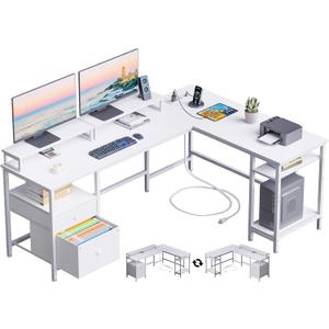 Furologee 66 L Shaped Desk with Power Outlet, Reversible Computer Gaming Desk with File Drawer & 2 Monitor Stands for Home Office with Storage Shelves, White