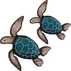 Roowest 2 Sizes Wooden Sea Turtle Wall Decor Farmhouse Ocean Turtle wall art Beach Theme Vintage Coastal Hanging Decoration for Home Lake House Bathroom(Blue)