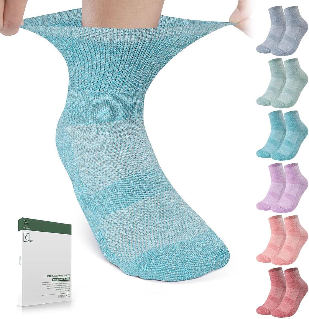 Bulinlulu Bamboo Viscose Diabetic Socks, 6 Pairs Non Binding Ankle Socks, Reinforced Toe, Size 6-9/9-11/13-15 (Medium, Pale Orange/Cyan/Pale Blue/Turquoise/Purple/Maroon)