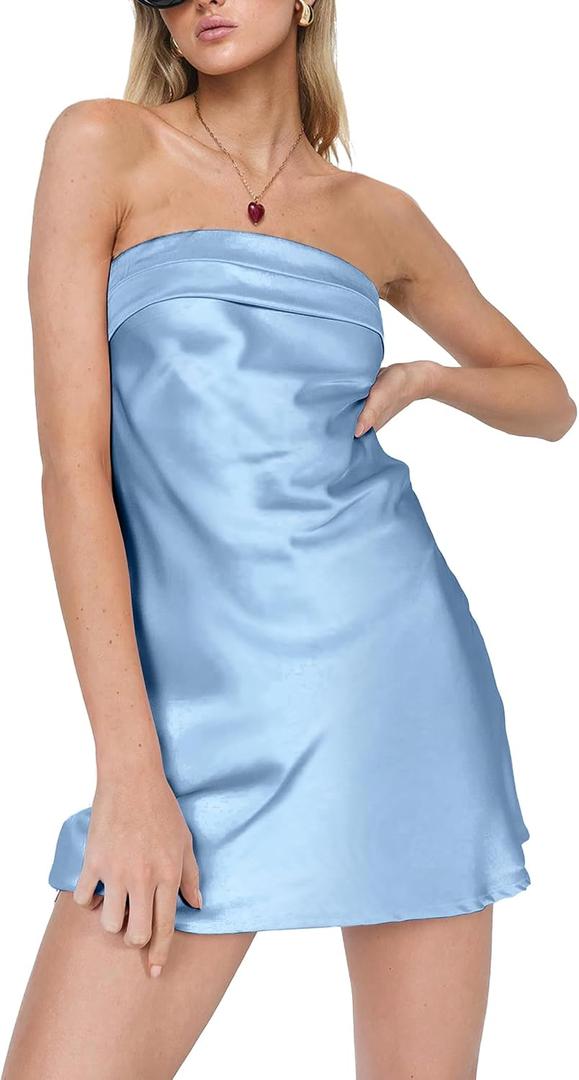 HYPERFIRE Women's Elegant Strapless Tube Cut Out Back Mini Dress Summer Cocktail Dresses, Medium, Sky Blue