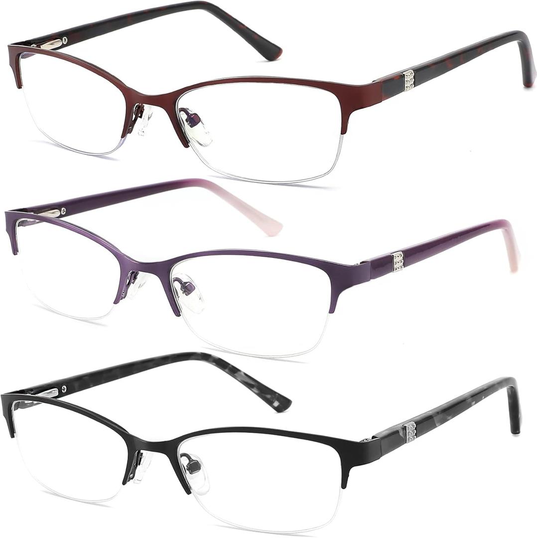 3 Pack Reading Glasses for Women Blue Light Blocking, Metal Oval Half Frame Womens Readers Glass with Spring Hinge, Anti Blue Ray Reduce Eye Strain Glare Headache(200 Magnification Strength) (Black Red Purple)