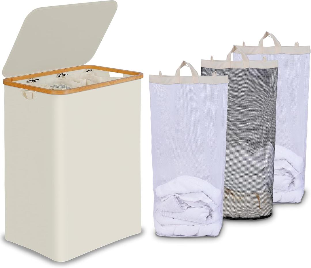 efluky Laundry Hamper with Lid, Trio Laundry Hamper with 3 Removable Bags, 3 Section Laundry Basket with Bamboo Handles for Bathroom, Bedroom & Laundry Room, 160L Beige