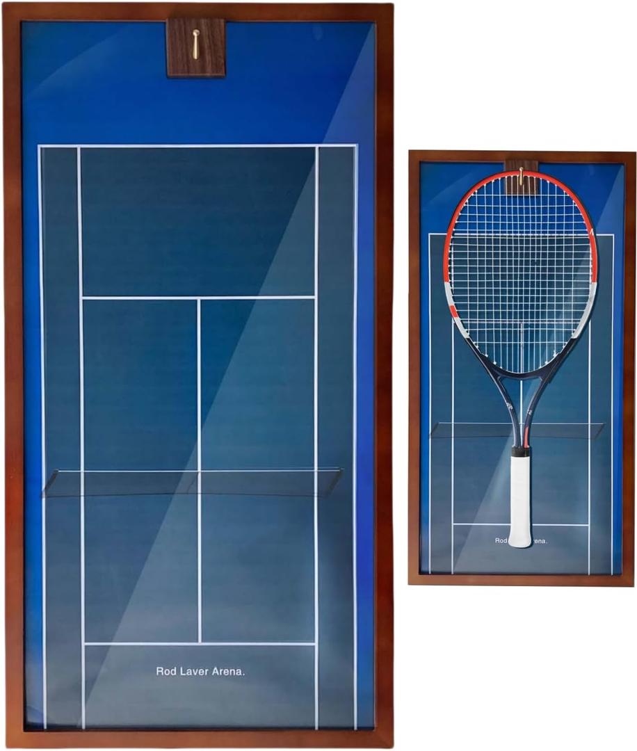 Wooden Tennis Racket Display Frame with Australian Open Background | Walnut Base & Copper Hooks, Showcase Your Racket in Style, with Four Famous Stadium Backgrounds, for Living Room, Bedroom