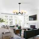 6-Light Black Farmhouse Chandelier with White Fabric Shade, Black Light Fixture for Dining Room Kitchen Island Living Room Entryway.E12.