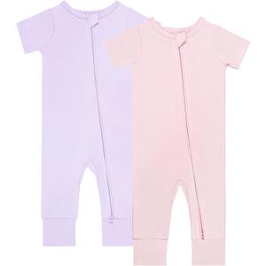 GUISBY Footless Short Sleeve Baby Pajamas with Zipper Cotton Infant Sleepwear (12-18 Months, Light Pink+purple)