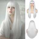 Long Straight White Wig for Women,White Wig with Bangs Heat Resistant Synthetic Womens Hair Wigs for Cosplay Party Halloween