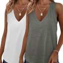 KKJ 2 Pack Womens Tank Tops Workout V Neck Tees Summer Sleeveless Loose Fit Casual Outfits Shirts Fall Fashion Clothes (Large, White/Grey)