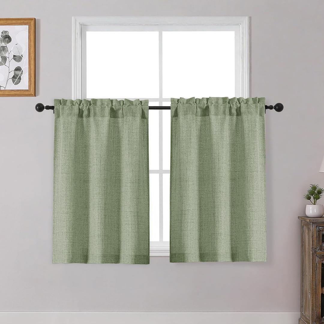 OWENIE Sage Green Cafe Curtains 36 Inch Length 2 Panels Set, Light Filtering Textured Short Kitchen Curtains Over Sink, Small Window Curtain Tier for Cabinet Bathroom RV Camper Basement, 30"W by 36"L
