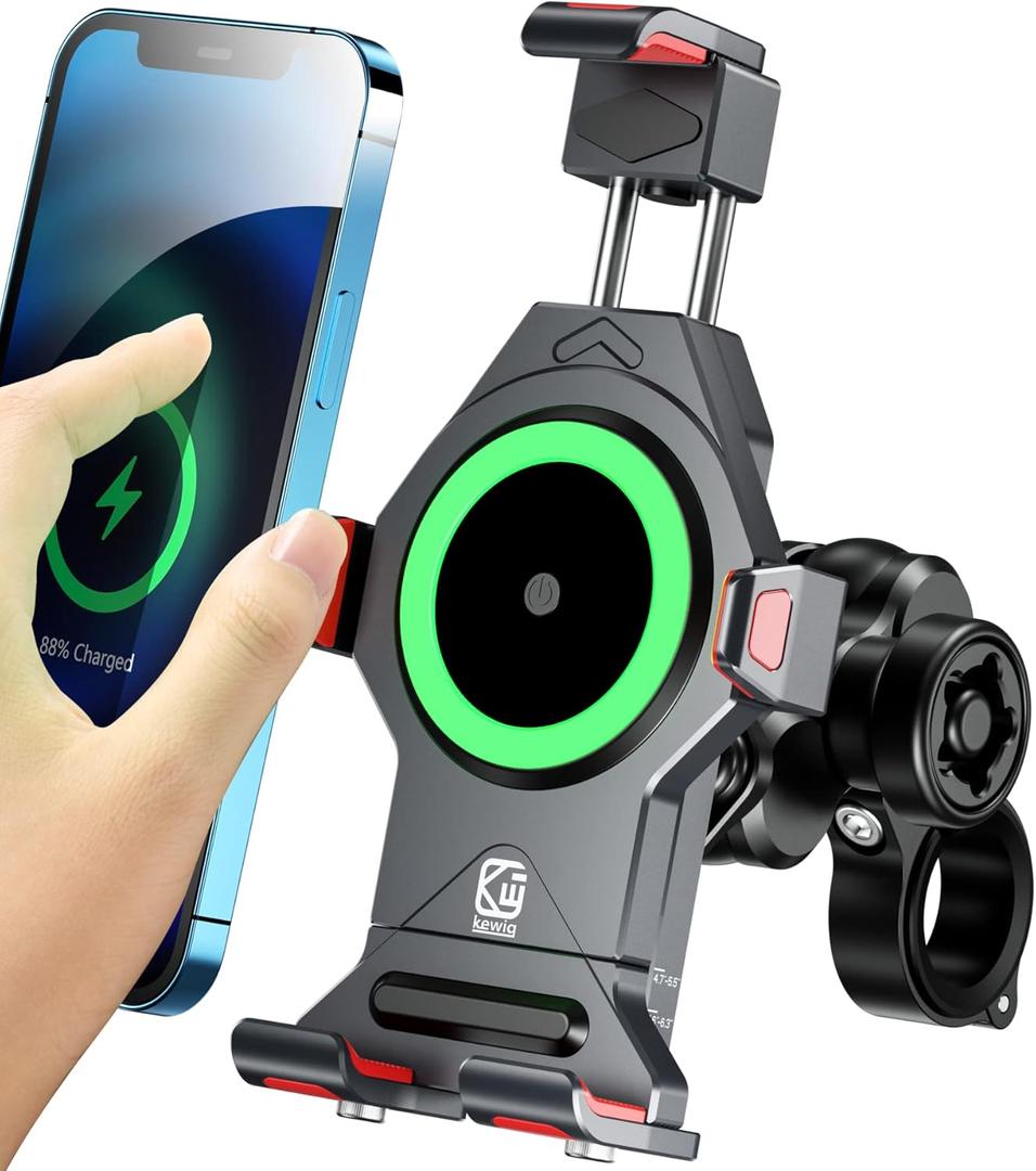 BRCOVAN Aluminum Alloy Motorcycle Phone Mount with Qi 15W Wireless Charger & Vibration Dampener, Anti-Theft Waterproof Motorcycle Handlebar Cellphone Holder, Adjustable Fit 4.7''-7.2'' Smartphones (BLACK)