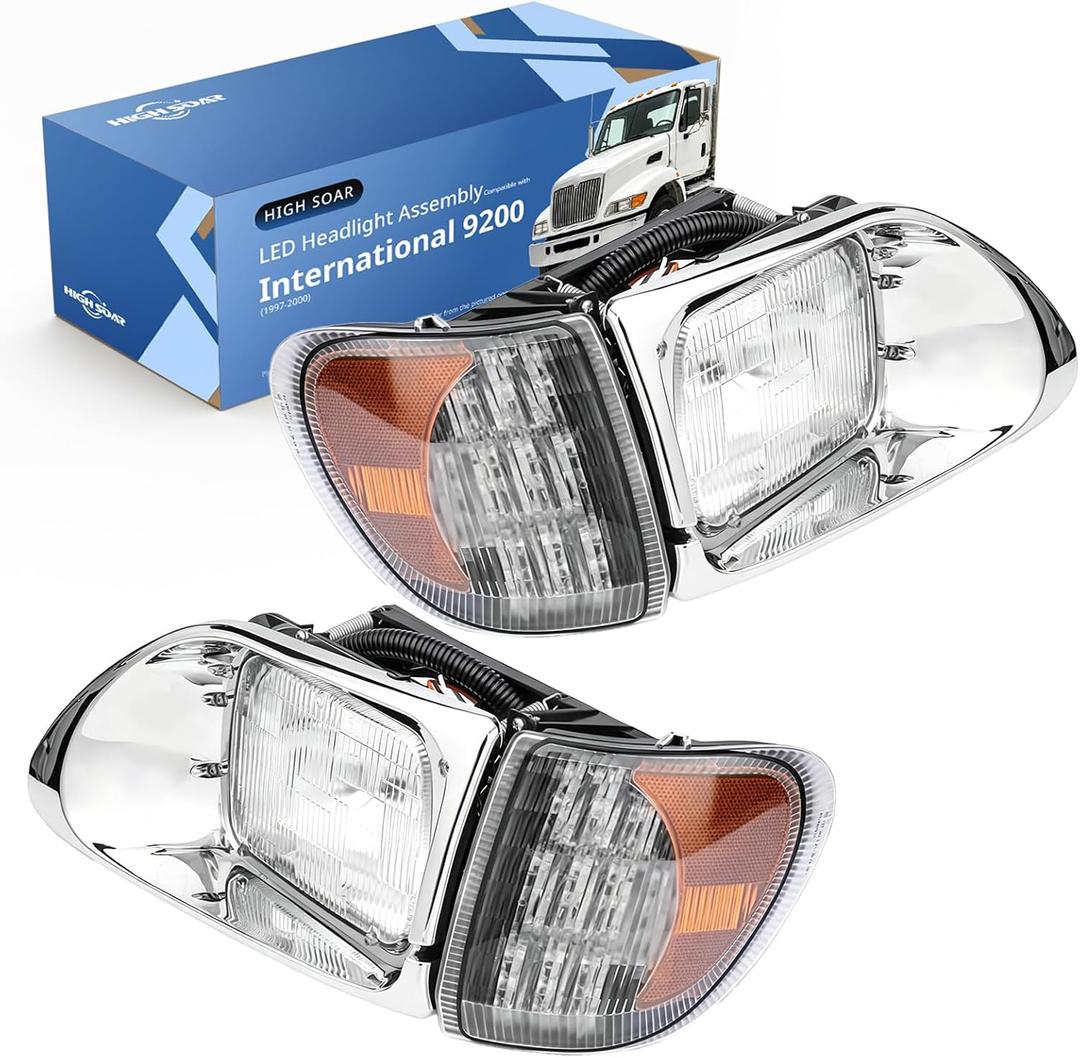 High Soar LED Headlights Assembly for International 5900 9200 9400,Headlamp Front High and Low Beam Turn Signal Projector Replacement Left and Right(A Pair)