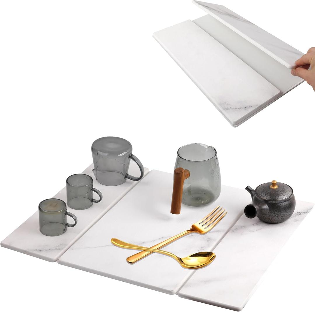 Quick Dry Collapsible Dish Drying Mat, Eco-Friendly Absorbent Diatomaceous Earth Mats for Dishes Bottles Cups 20"16"Large Stone Dish Drying Mats for Kitchen Counter (White , 20"L16"W)
