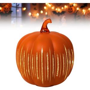Starry Night Pumpkins, Twinkle Light Resin Pumpkins, One-Button Switch Control, Built-in LED Light, Indoor Glowing Night Light, Halloween Decor for Home (Orange)