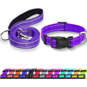 Reflective Dog Collar with Safety Locking Buckle, Adjustable Soft Breathable Nylon Collars for Small, Medium and Large Dogs(Collar+Leash M Purple) (Medium (Width 1"))