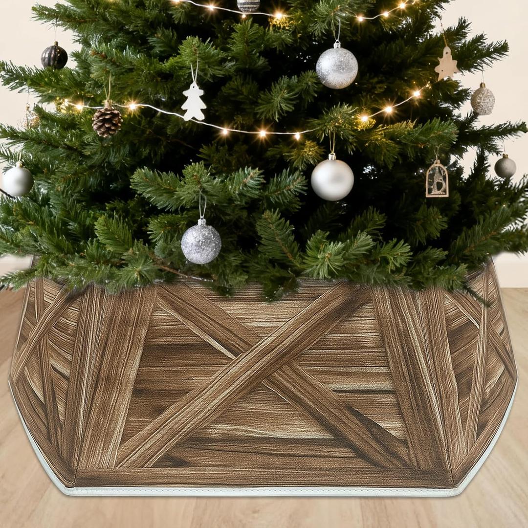 OurWarm 31 inch Christmas Tree Collar, Large Hexagon Fabric Tree Ring Collapsible Trees Skirt, Rustic Double-Sided Christmas Trees Box Base for Home Festive Xmas Decorations