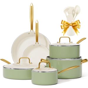 Pots and Pans Set Non Stick - VONIKI Ceramic Cookware Set with Cooking Utensils Set, Non Toxic Kitchen Cookware Sets Dutch Oven Pot with Lid Saucepan Set Saut Pan Frying Pan Set for Cooking Gifts, Large