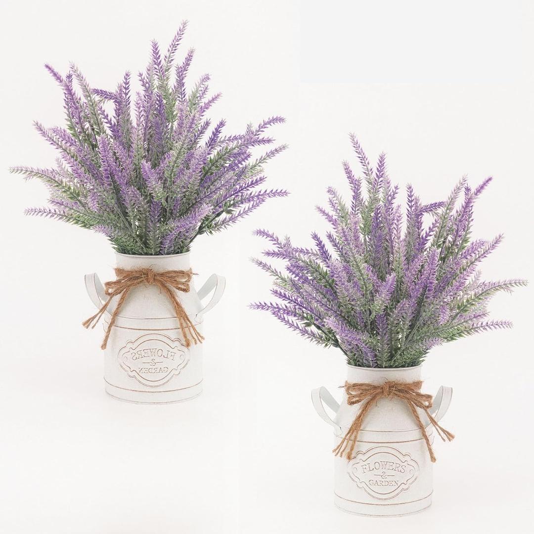 FJAKA 2Pcs Artificial Lavender Flowers in Pots with Vase, Fake Faux Lavender Flowers Decor, for Farmhouse Table Centerpiece Windowsill Country Indoor Mantle Decor