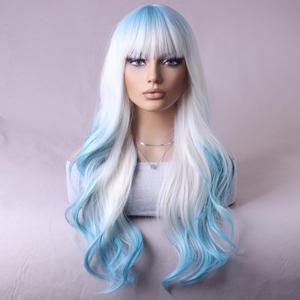 BERON Blue and White Long Wigs Curly Wavy Women's Wigs with Bangs Blue White Ombre Colorful Heat Resistant Synthetic Wigs for Cosplay or Daily Wigs Wig Cap Included