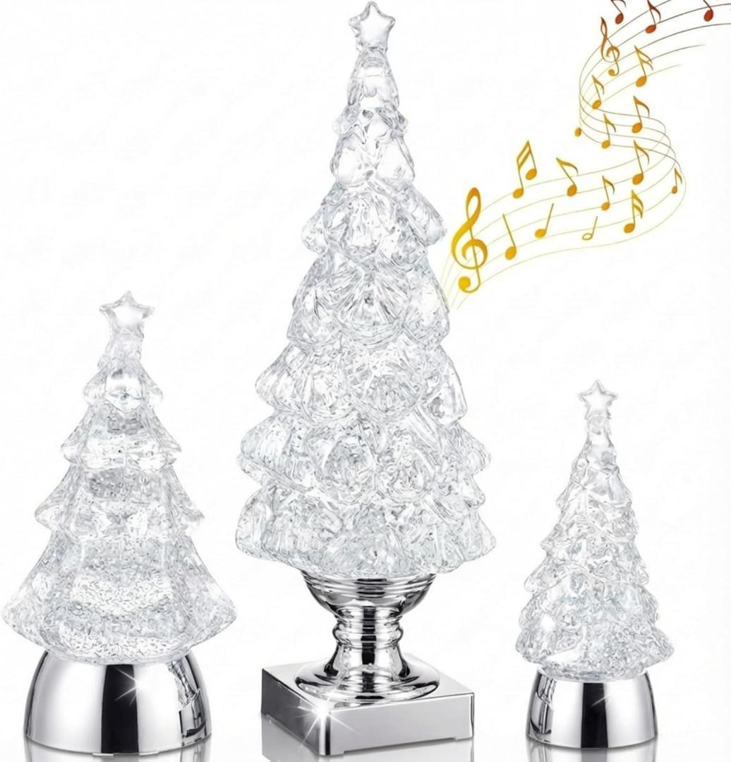 3 Pcs Light up Musical Christmas Tree Snow Globes 14", 8", 5" Glass Glitter Snow Globe with USB Lined/Battery Operated Singing Crystal Christmas Tree for Tabletop Xmas Party Decoration Gift(Silver)