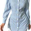 WDIRARA Women's Striped Button Down Drawstring Side Dress Long Sleeve Collared Smocked Shirt Dresses (Blue, M)