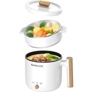 Audecook Hot Pot Electric with Steamer, 1.8L Portable Mini Travel Cooker, Multifunctional Non-Stick Electric Skillet for Stir Fry/Stew/Steam, Perfect for Ramen Noodles/Pasta/Egg/Soup/Oatmeal (White)
